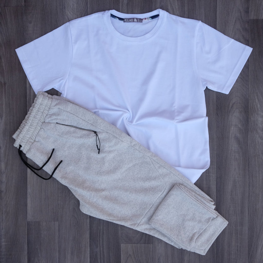 Ensemble T-shirt Blanc et Jogging Gris Chiné Clair
