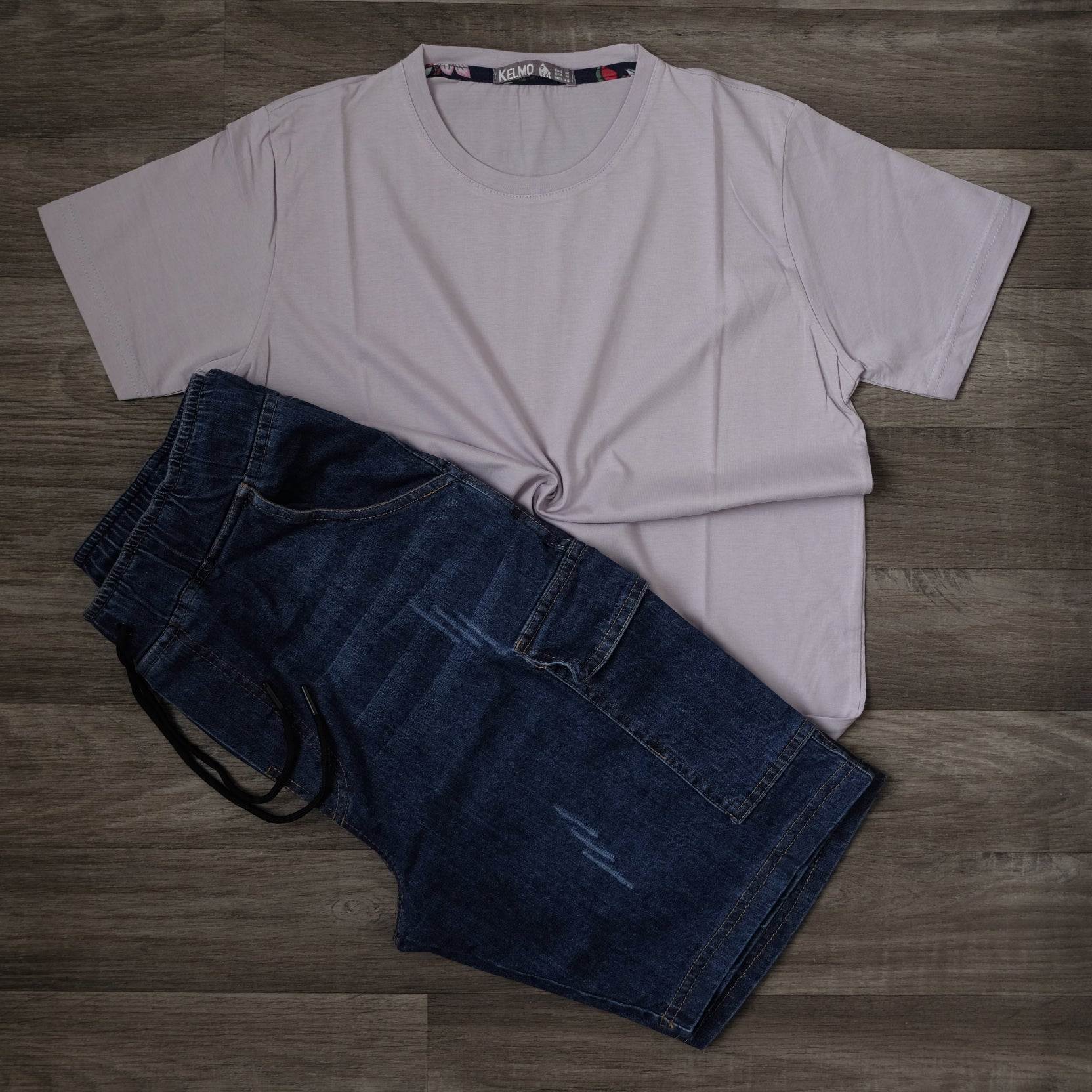Ensemble T-shirt Mauve Clair et Short Jean Cargo Bleu Indigo