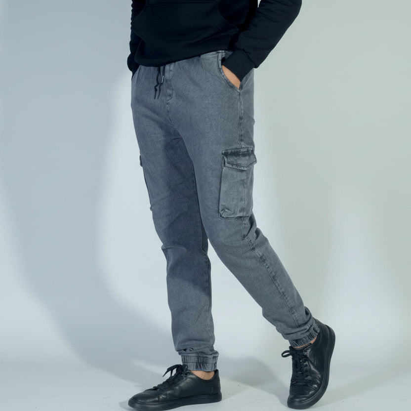 Pantalon Jean Cargo Délavé Gris