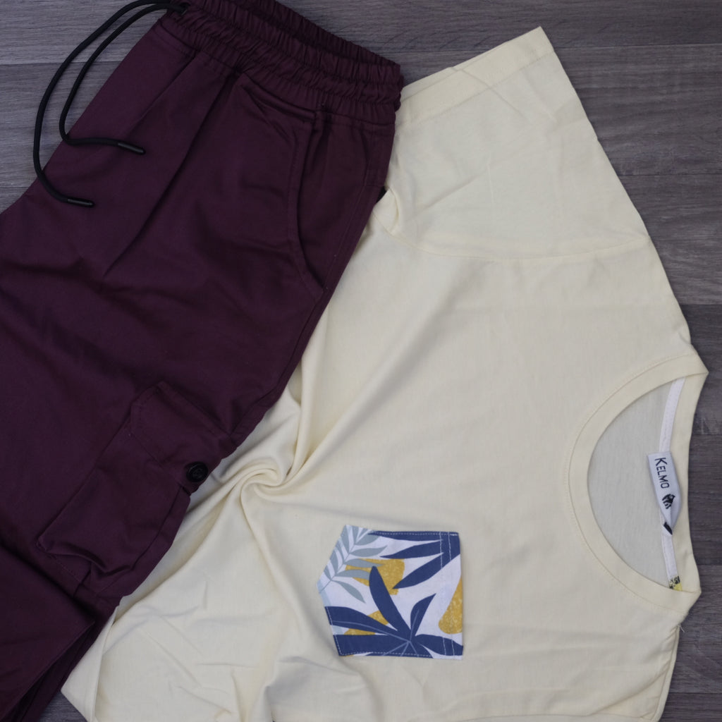 Ensemble T-shirt Jaune Hawaï et Cargo Grenat