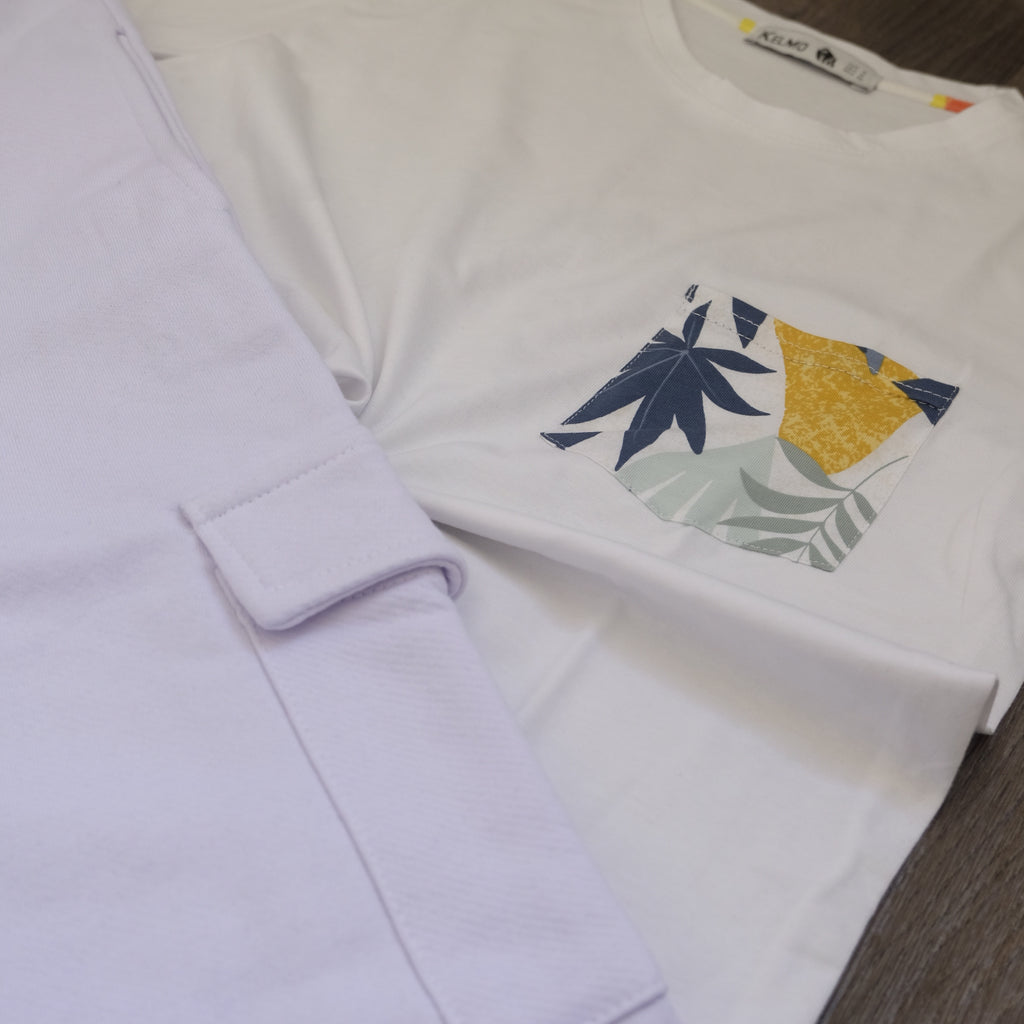 Ensemble T-shirt Blanc Hawaï et Jogging Cargo Blanc