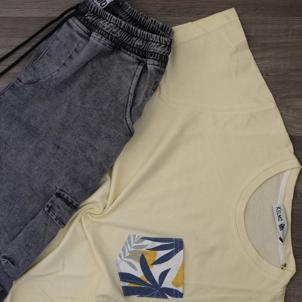 Ensemble T-shirt Jaune Hawaï et Jean Gris Délavé