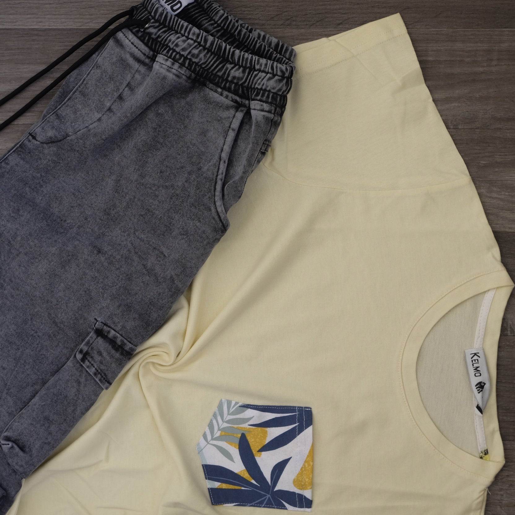Ensemble T-shirt Jaune Hawaï et Jean Gris Délavé