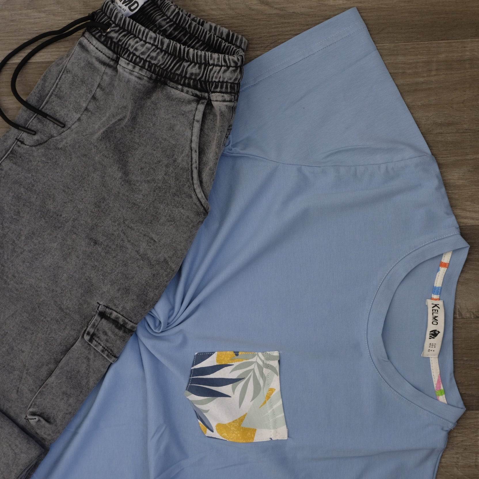 Ensemble T-shirt Bleu Ciel Hawaï et Jean Gris Délavé
