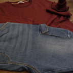 Ensemble Cargo Jeans Délavé Bleu + Sweat Grenat