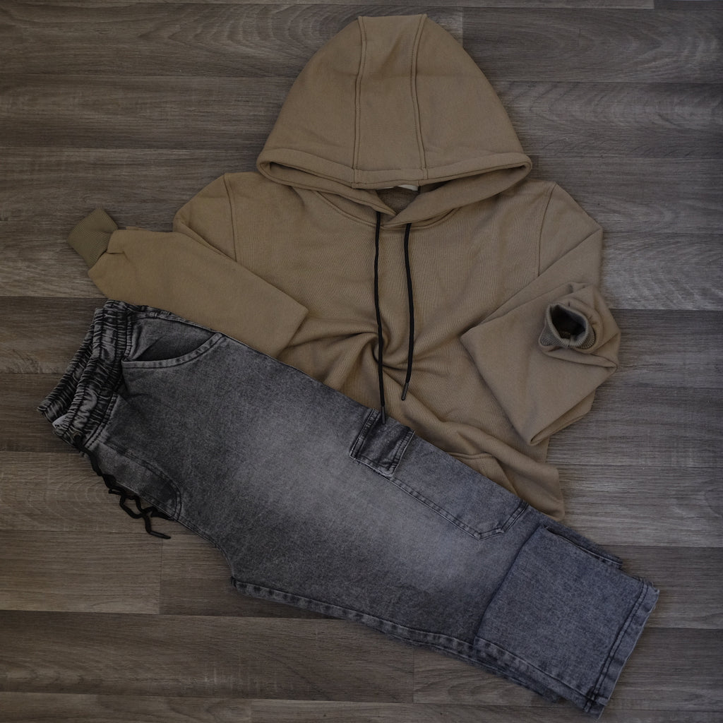 Ensemble Cargo Jeans Délavé Gris Straight + Capuche Cotton Kaki Clair