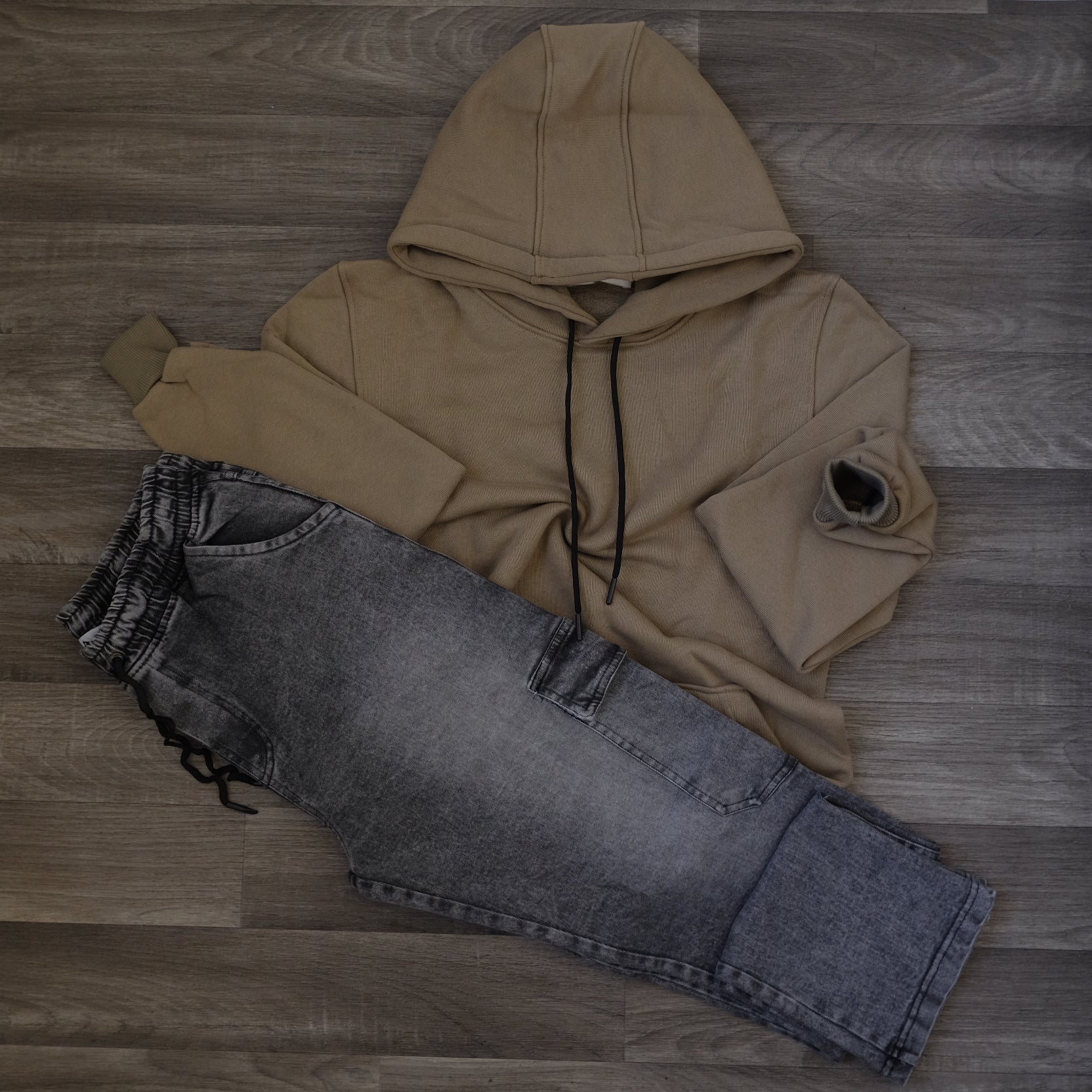 Ensemble Cargo Jeans Délavé Gris Straight + Capuche Cotton Kaki Clair
