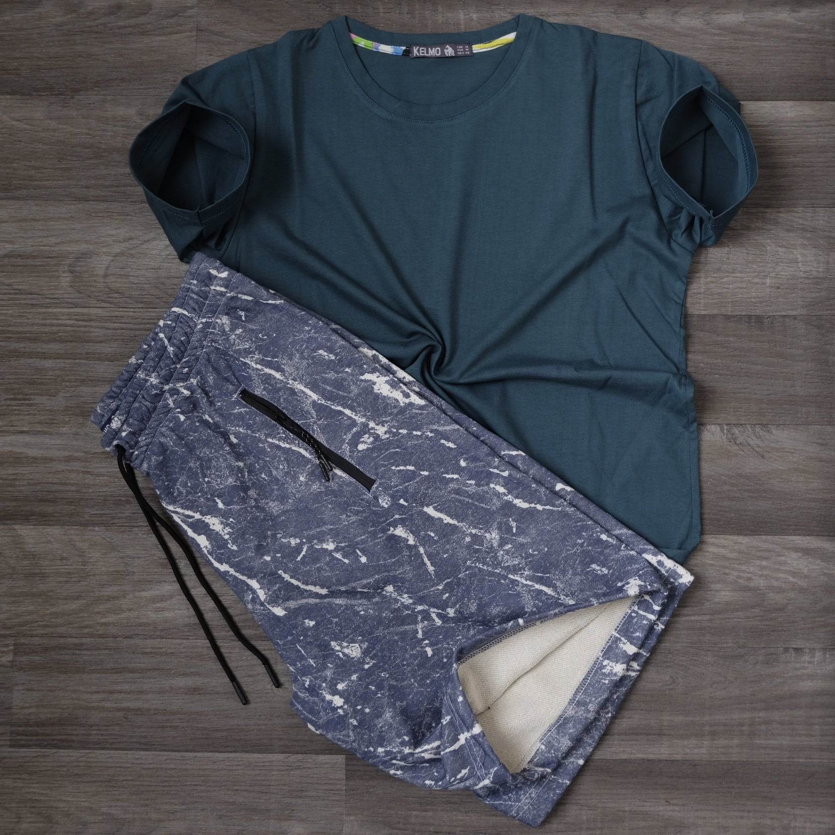 Ensemble T-shirt Bleu Pétrole et Short Imprimé Marbre Bleu Marine