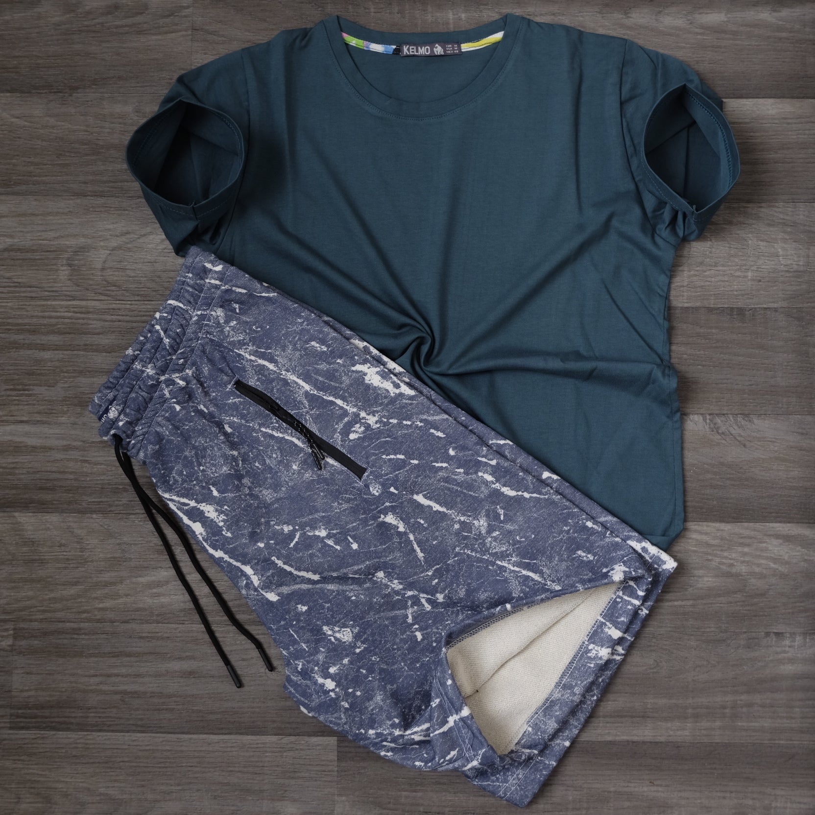 Ensemble T-shirt Bleu Pétrole et Short Imprimé Marbre Bleu Marine