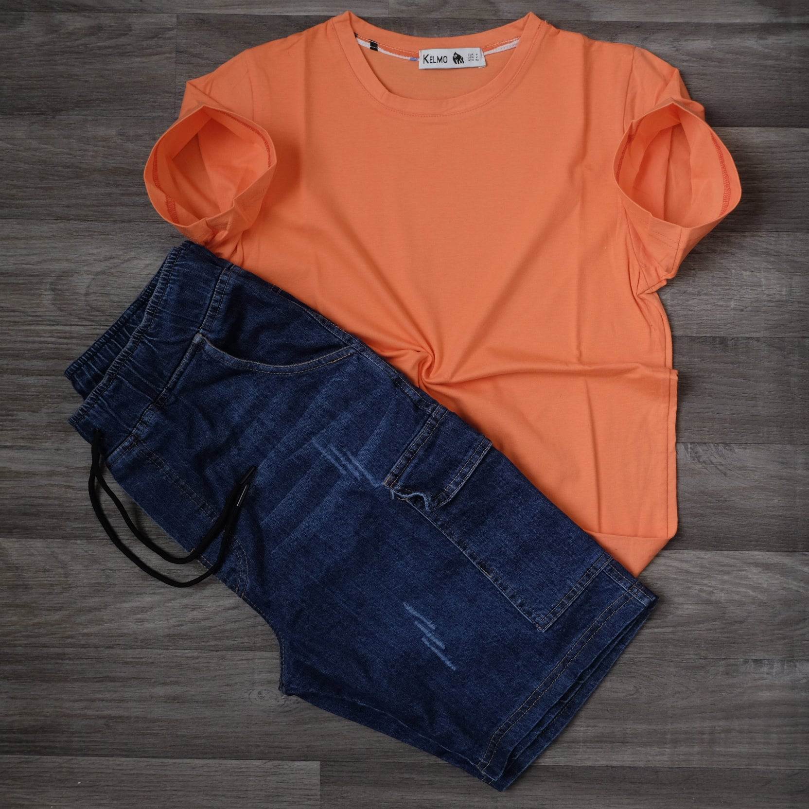 Ensemble T-shirt Saumon et Short Jean Cargo Bleu Indigo