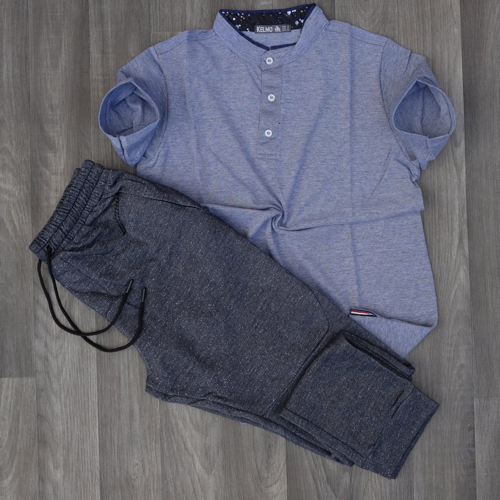 Ensemble Polo Bleu Chiné et Jogging Gris Chiné Foncé