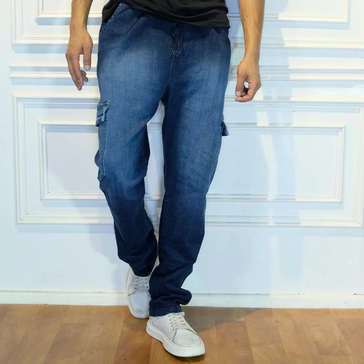 Pantalon Jean Cargo Délavé Bleu Straight