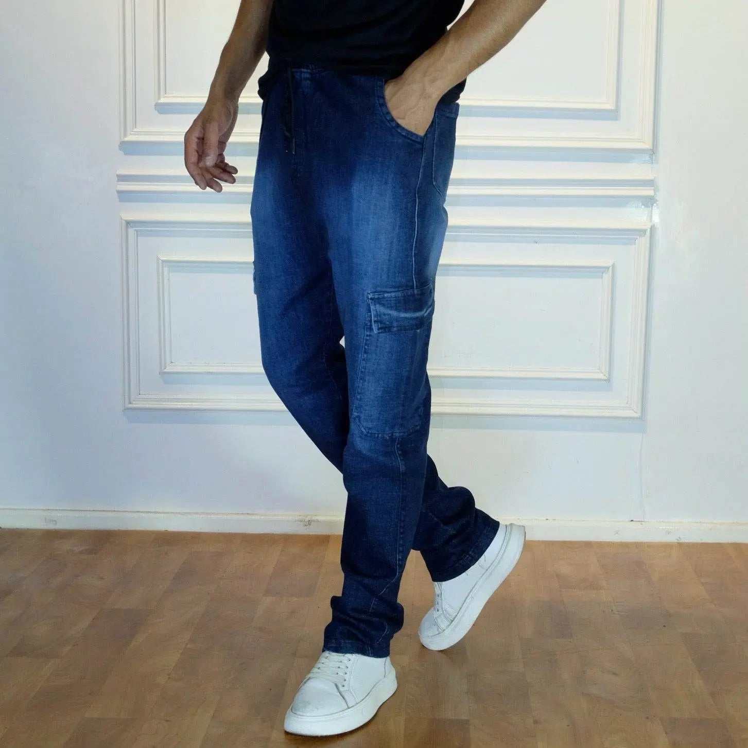 Pantalon Jean Cargo Délavé Bleu Straight