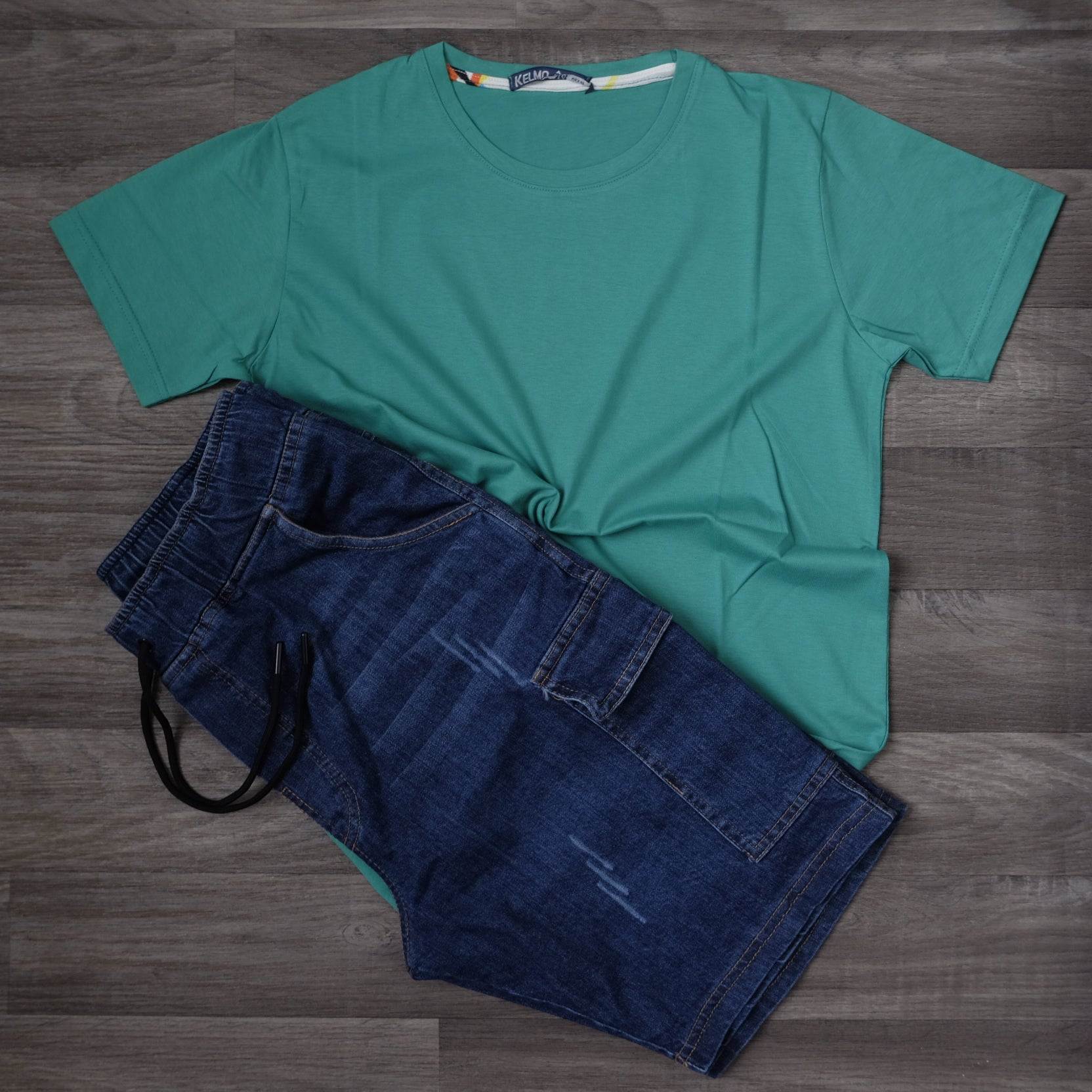 Ensemble T-shirt Vert Menthe et Short Jean Cargo Bleu Indigo