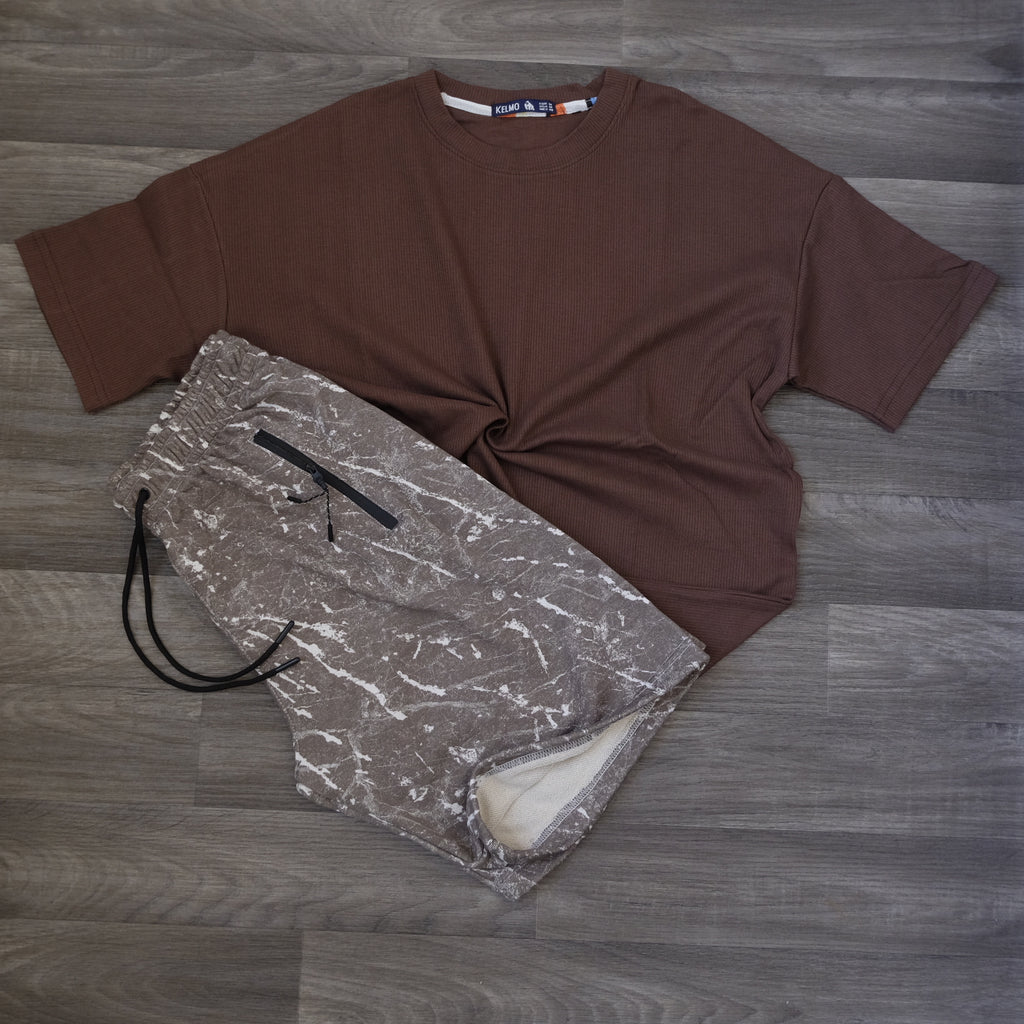 Ensemble T-shirt Marron Oversize et Short Imprimé Marbre Marron