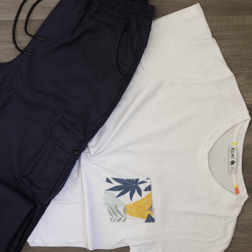Ensemble T-shirt Blanc Hawaï et Cargo Bleu Marine