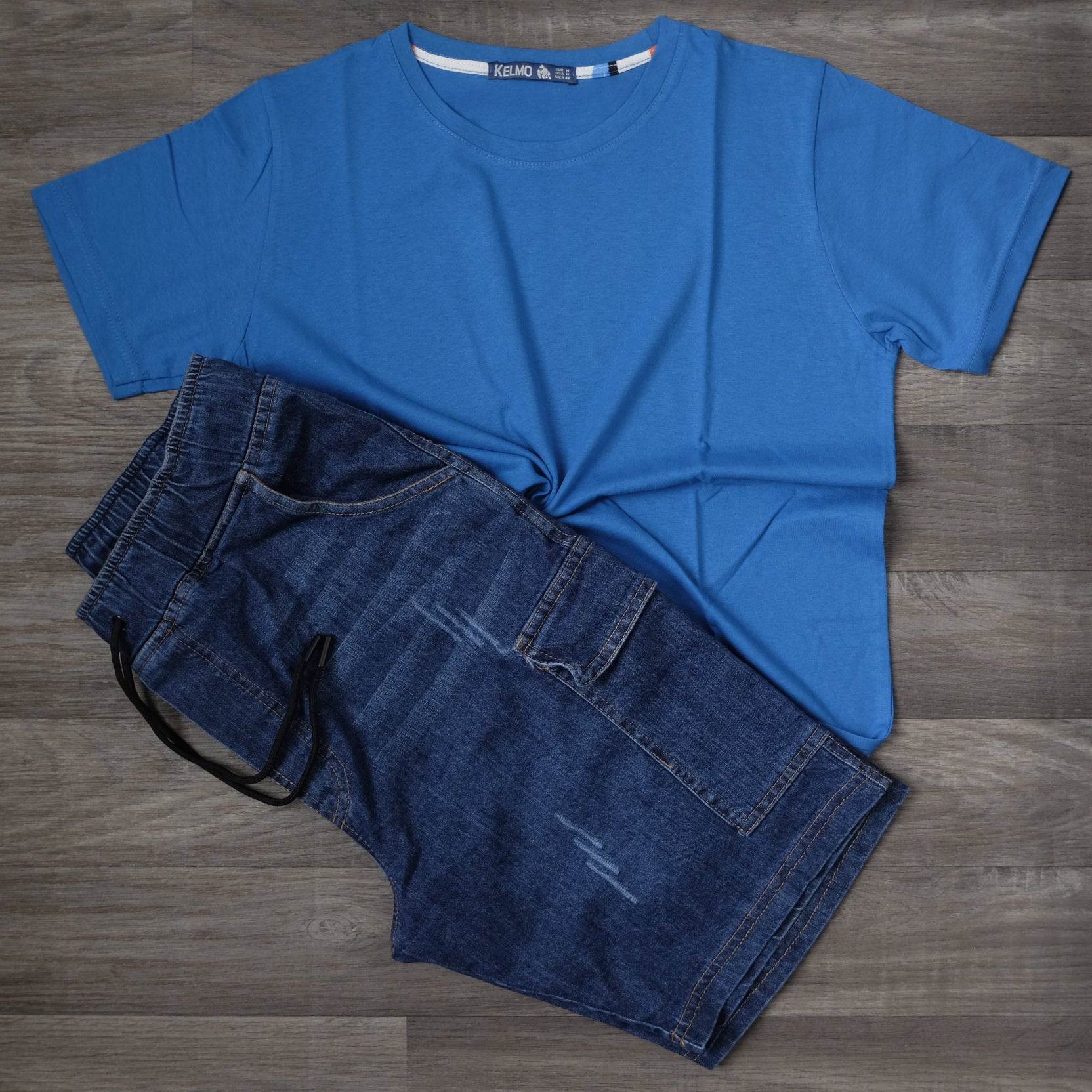 Ensemble T-shirt Bleu Royal et Short Jean Cargo Bleu Indigo