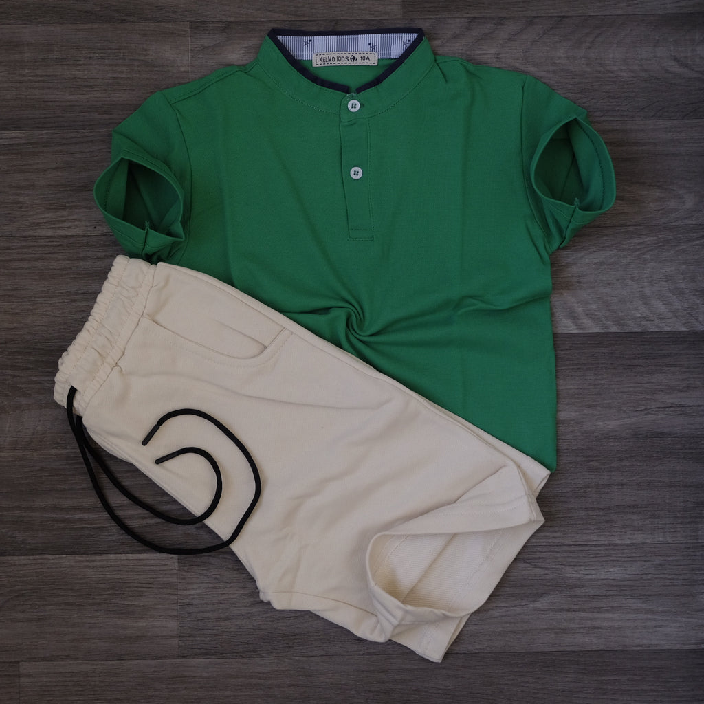 Ensemble Enfant Polo Vert Vif et Short Jogging Beige