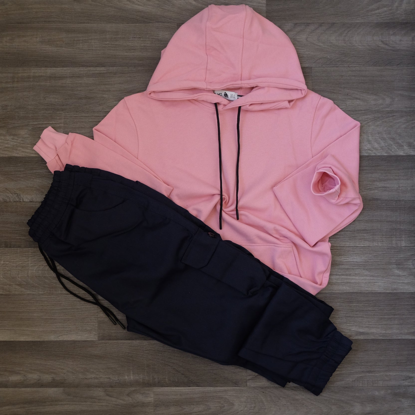 Ensemble Cargo Bleu Marine + Capuche Cotton Rose Clair