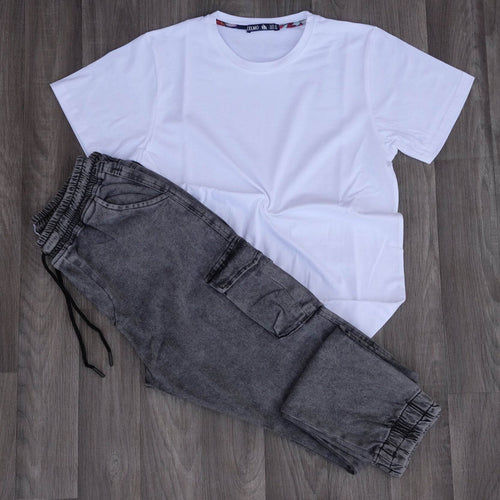 Ensemble T-shirt Blanc et Jean Cargo Délavé Gris