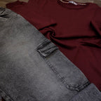 Ensemble Cargo Jeans Délavé Gris + Sweat Grenat