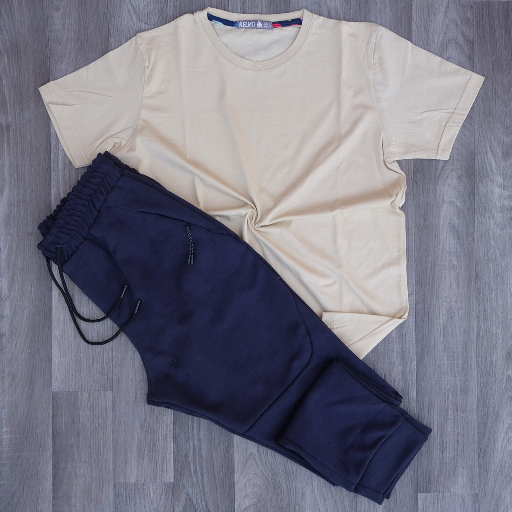 Ensemble T-shirt Beige Clair et Jogging Bleu Marine