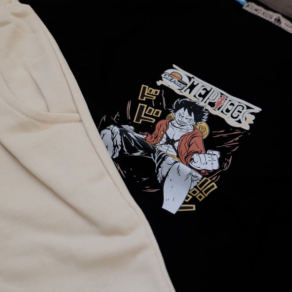 Ensemble Enfant T-shirt Noir Imprimé et Short Jogging Beige