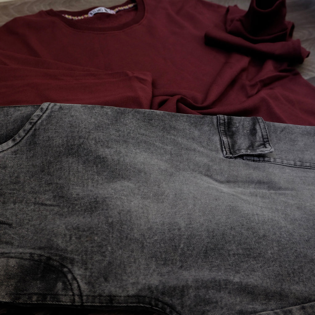 Ensemble Cargo Jeans Délavé Gris + Sweat Grenat