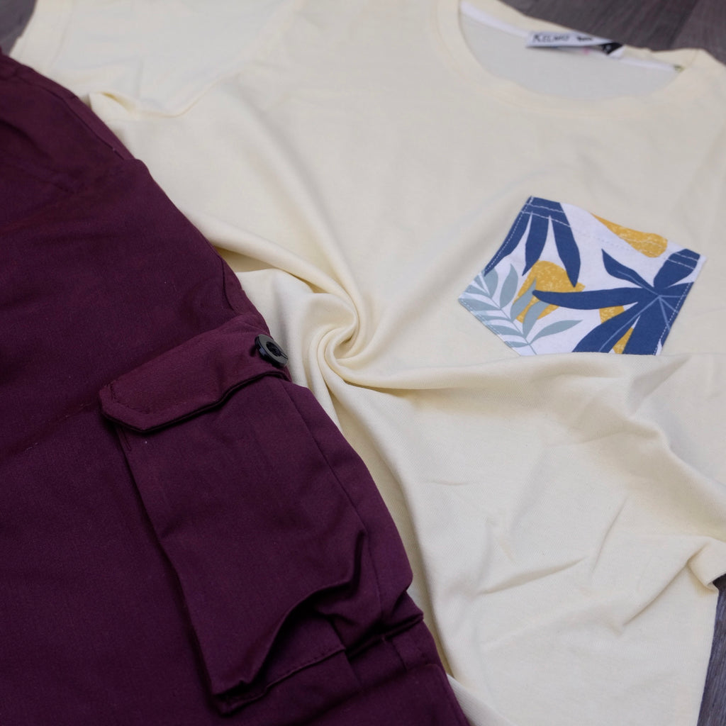 Ensemble T-shirt Jaune Hawaï et Cargo Grenat