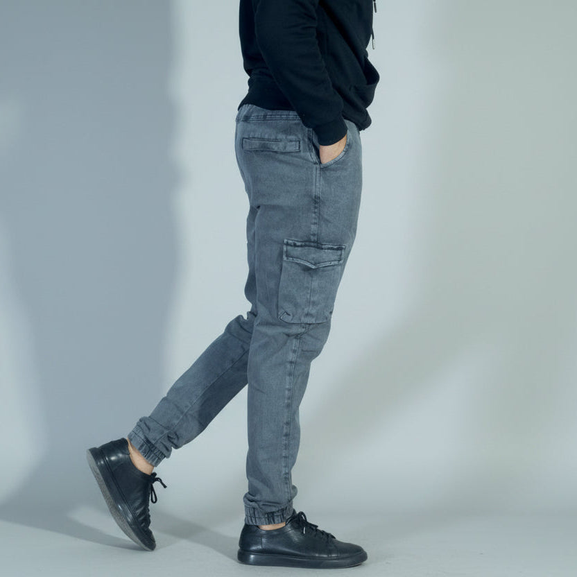 Pantalon Jean Cargo Délavé Gris