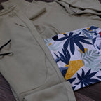 Ensemble Enfant 3 Pièces Survêtement à Capuche Vert Sauge + T-Shirt Imprimé Tropical
