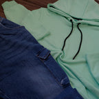 Ensemble Cargo Jeans Délavé Bleu + Capuche Cotton Vert Menthe