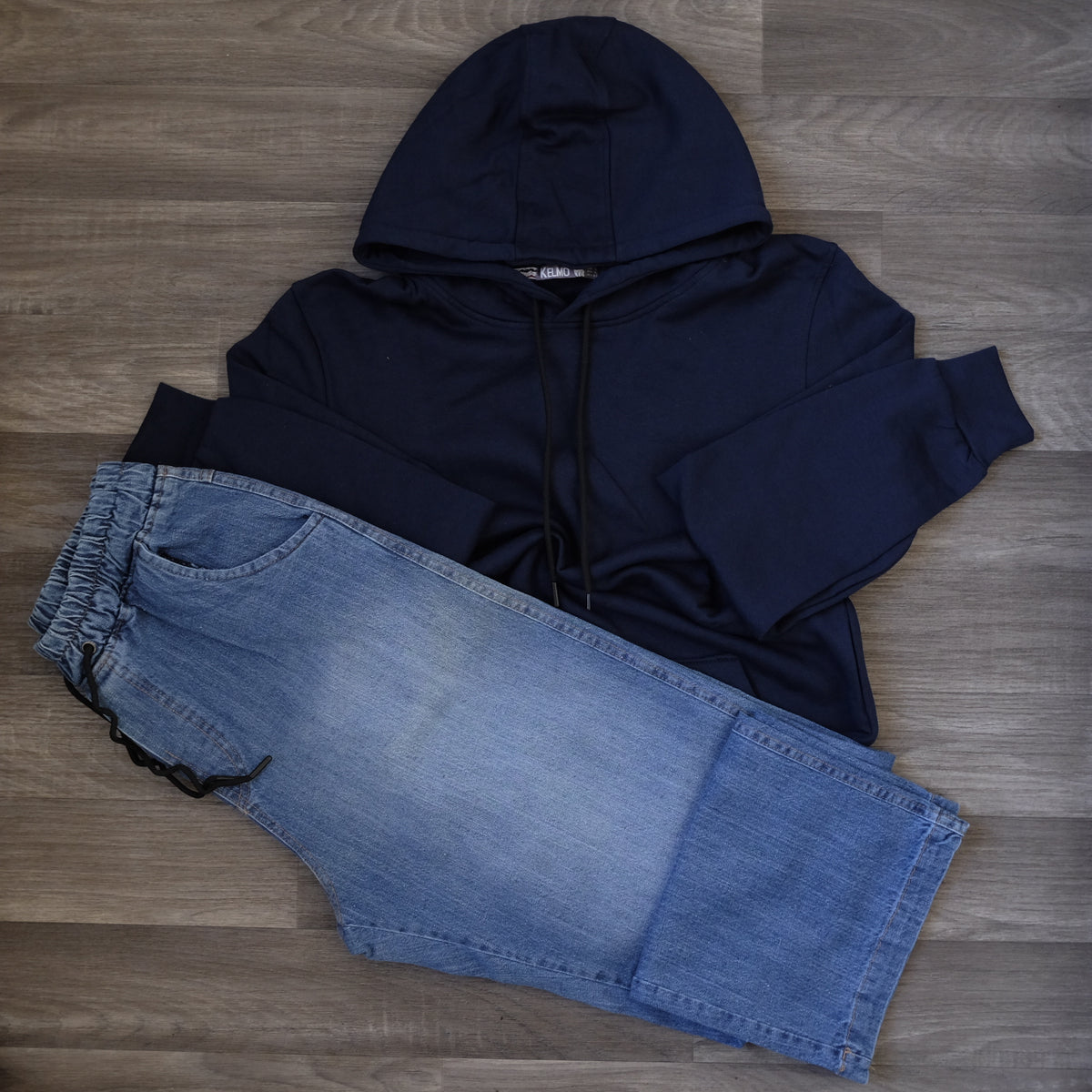 Ensemble Jean Baggy Délavé Bleu + Capuche Cotton Bleu Marine