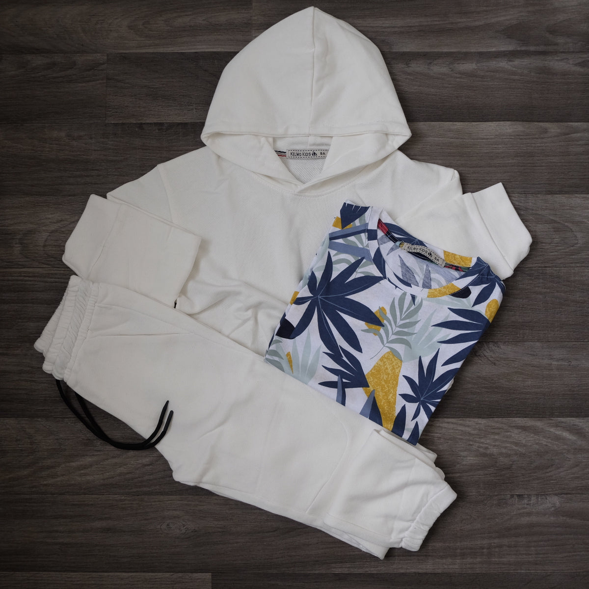 Ensemble Enfant 3 Pièces Survêtement à Capuche Blanc + T-Shirt Imprimé Tropical