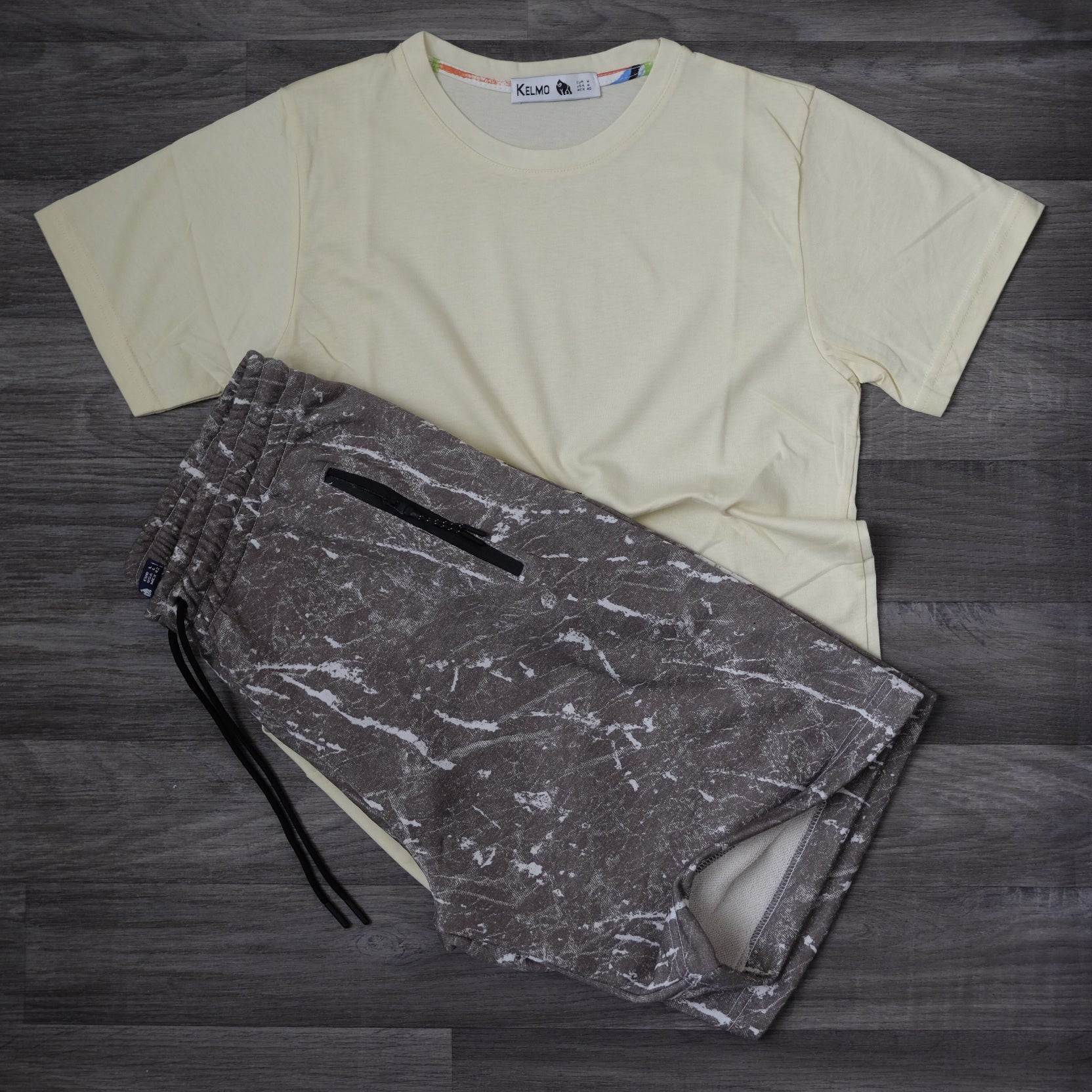 Ensemble T-shirt Jaune Pâle et Short Imprimé Marbre Gris Taupe