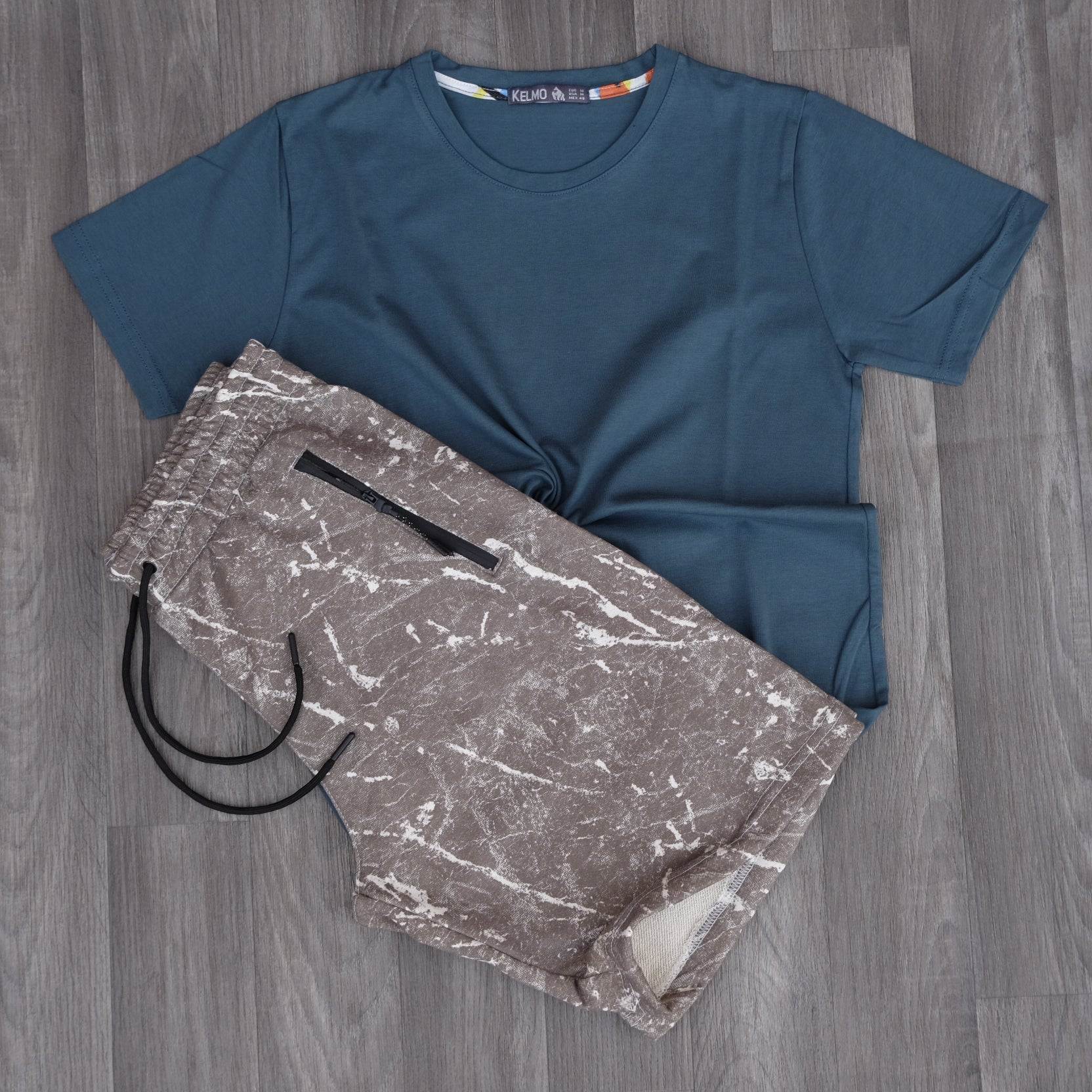 Ensemble T-shirt Bleu Pétrole et Short Imprimé Marbre Marron