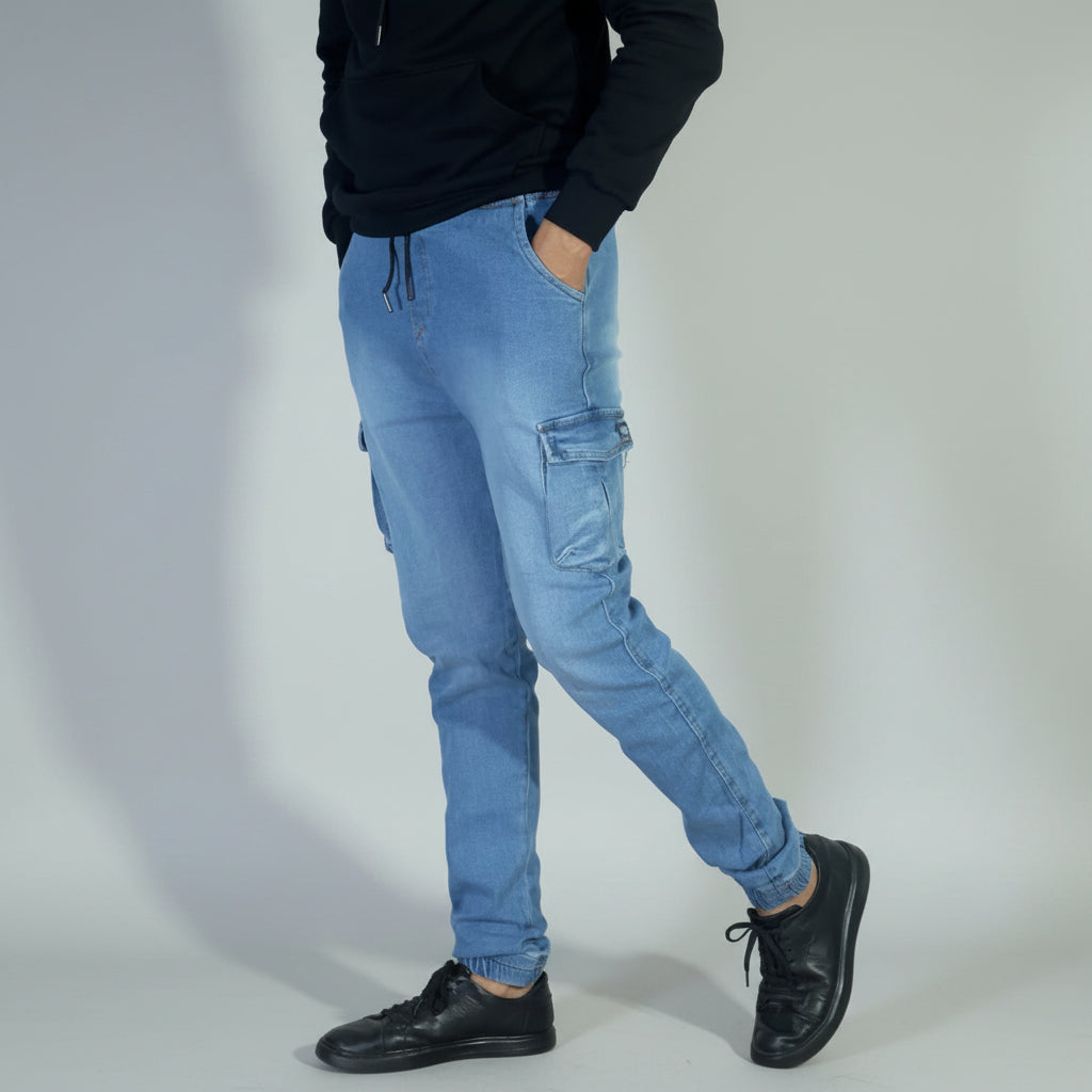 Pantalon Jean Cargo Délavé Bleu