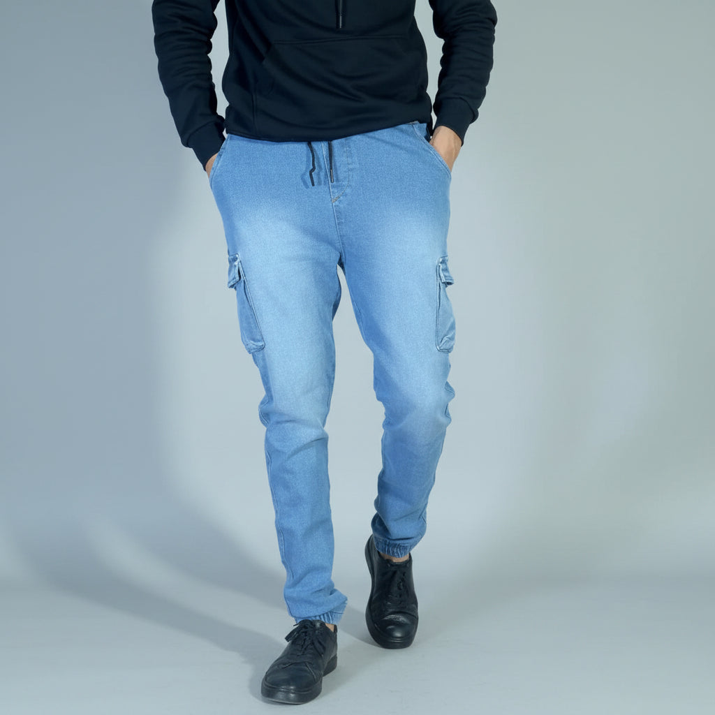 Pantalon Jean Cargo Délavé Bleu