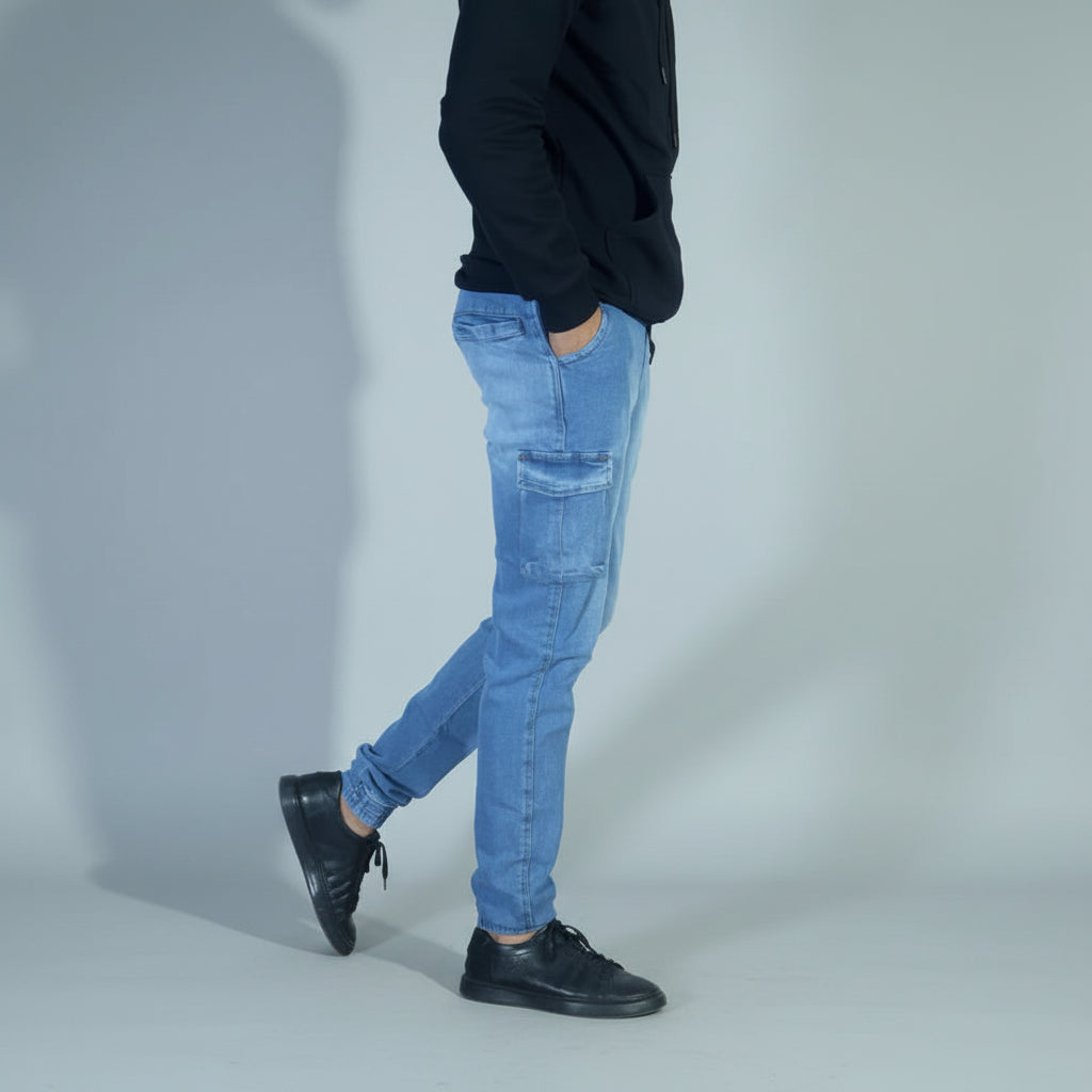 Pantalon Jean Cargo Délavé Bleu
