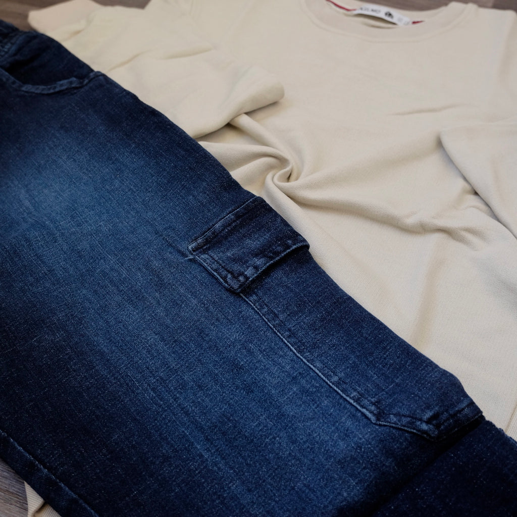 Ensemble Cargo Jeans Délavé Bleu Straight + Sweat Beige