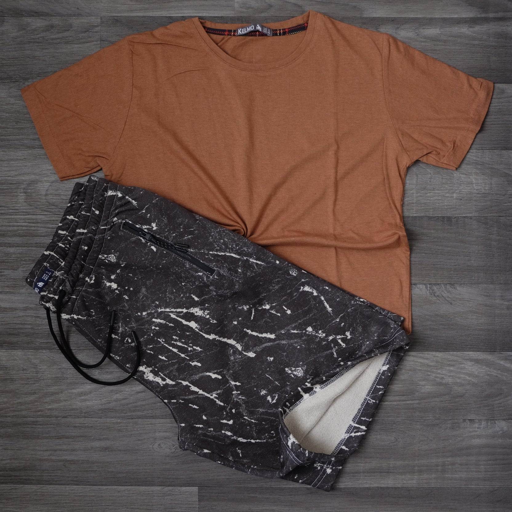 Ensemble T-shirt Rouille/Terracotta et Short Imprimé Marbre Noir