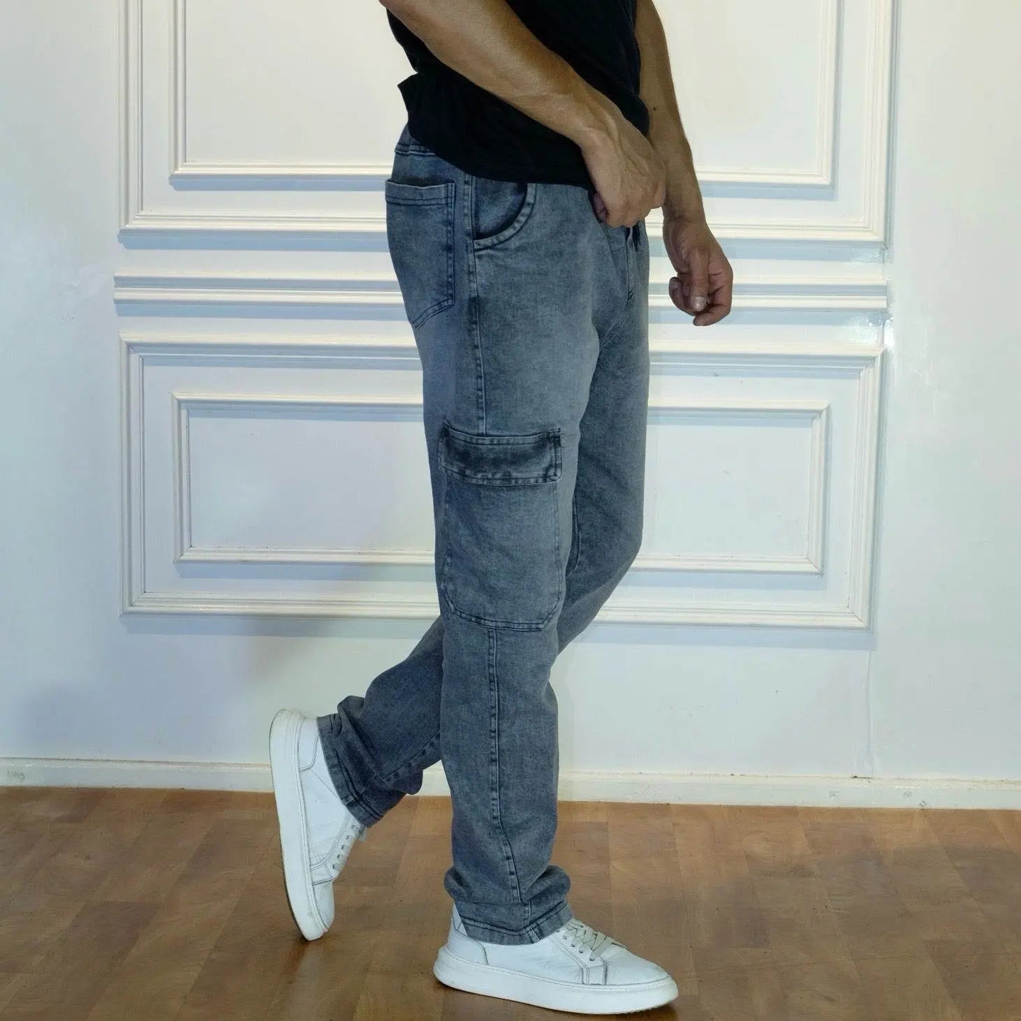 Pantalon Jean Cargo Délavé Gris Straight