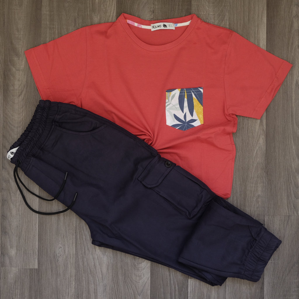 Ensemble T-shirt Rouge Hawaï et Cargo Bleu Marine