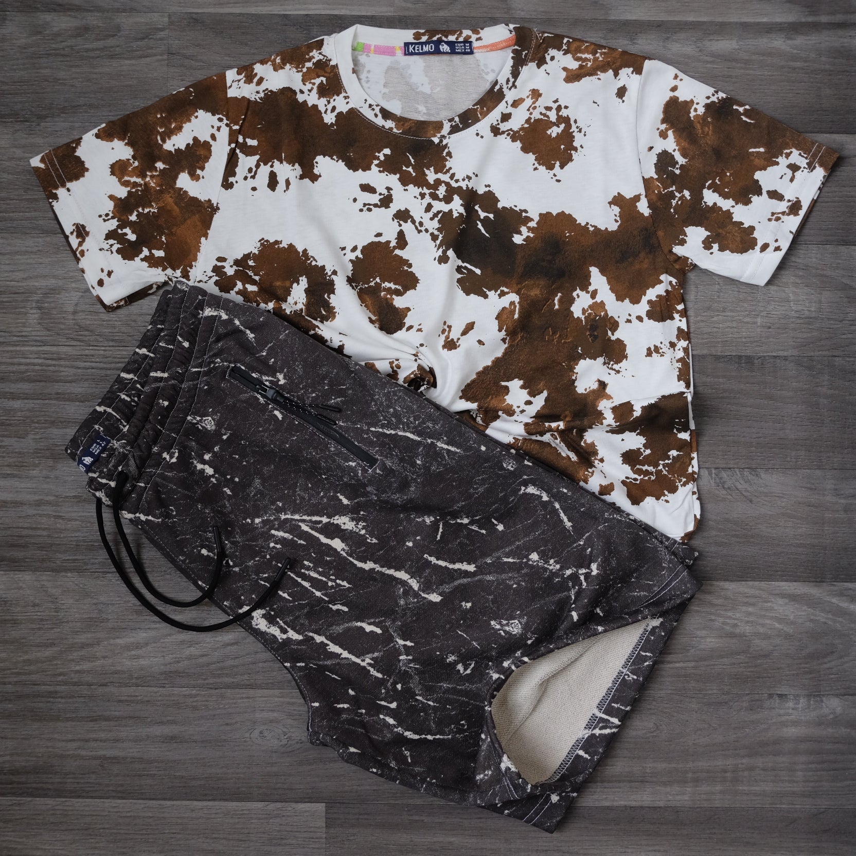 Ensemble T-shirt Imprimé Blanc/Marron et Short Imprimé Marbre Noir