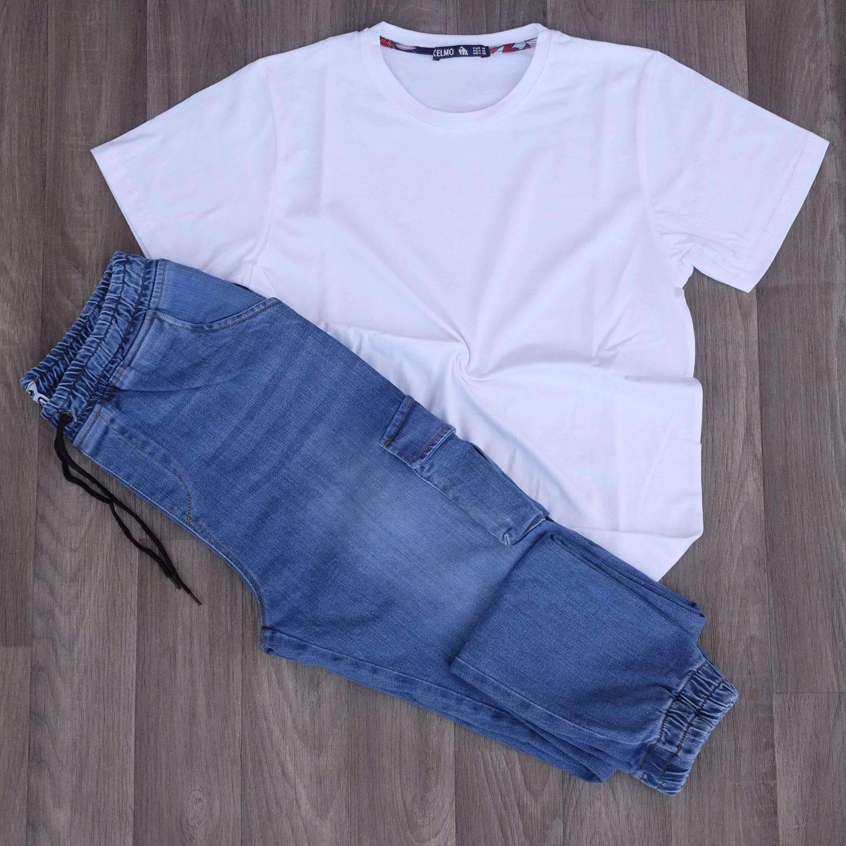 Ensemble T-shirt Blanc et Jean Cargo Délavé Bleu