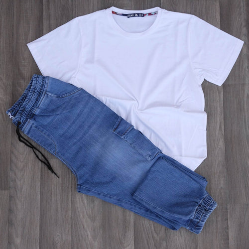 Ensemble T-shirt Blanc et Jean Cargo Délavé Bleu