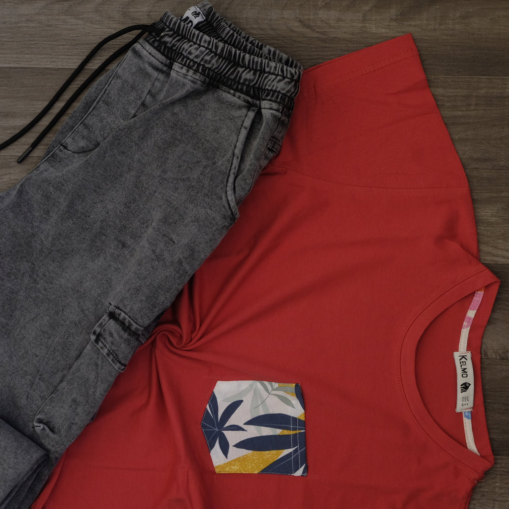 Ensemble T-shirt Rouge Hawaï et Jean Gris Délavé