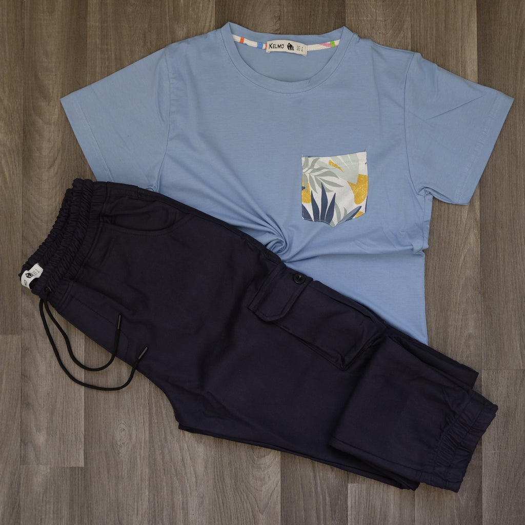 Ensemble T-shirt Bleu Ciel Hawaï et Cargo Bleu Marine