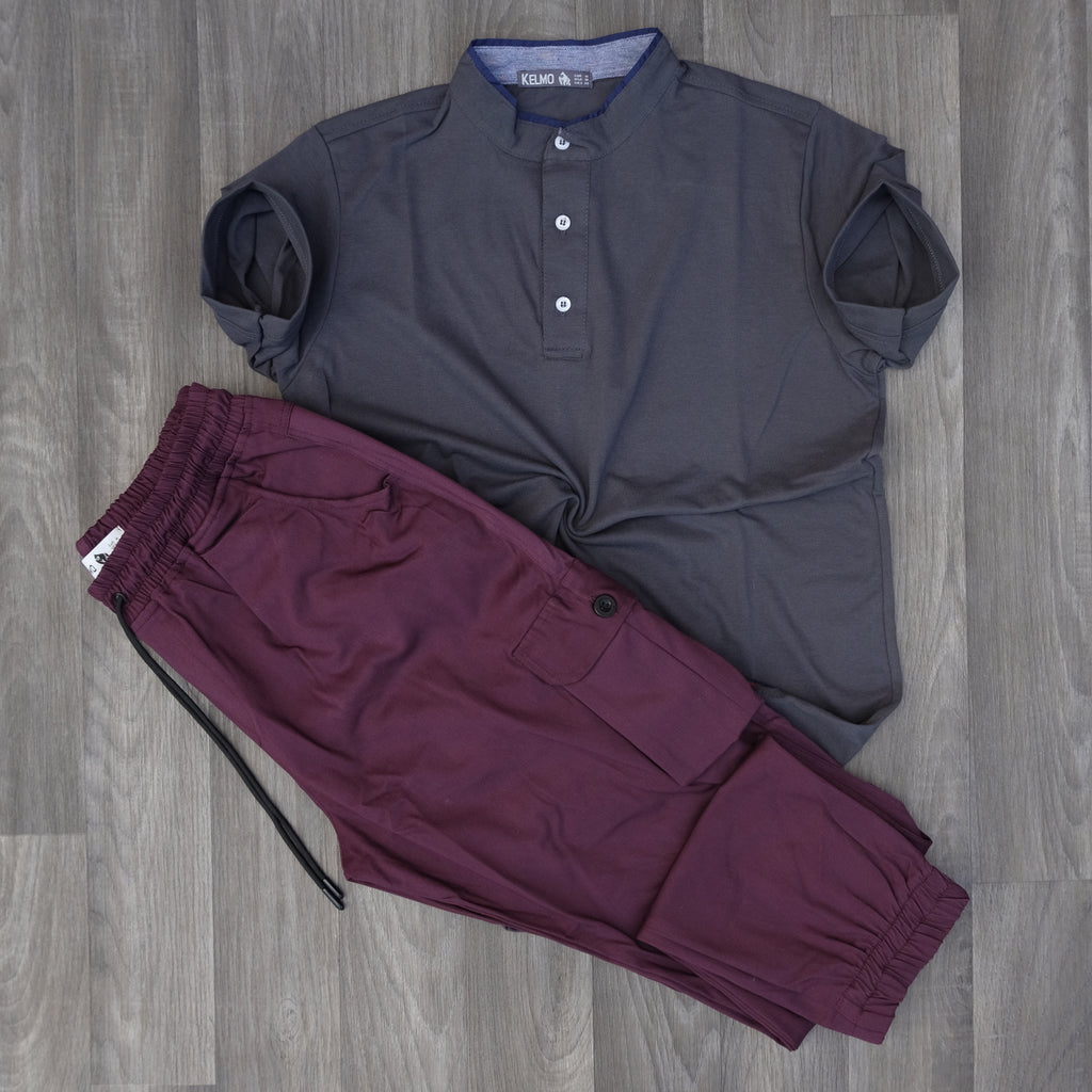 Ensemble Polo Gris Chiné Foncé et Cargo Grenat