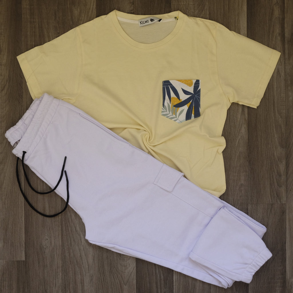 Ensemble T-shirt Jaune Hawaï et Jogging Cargo Blanc